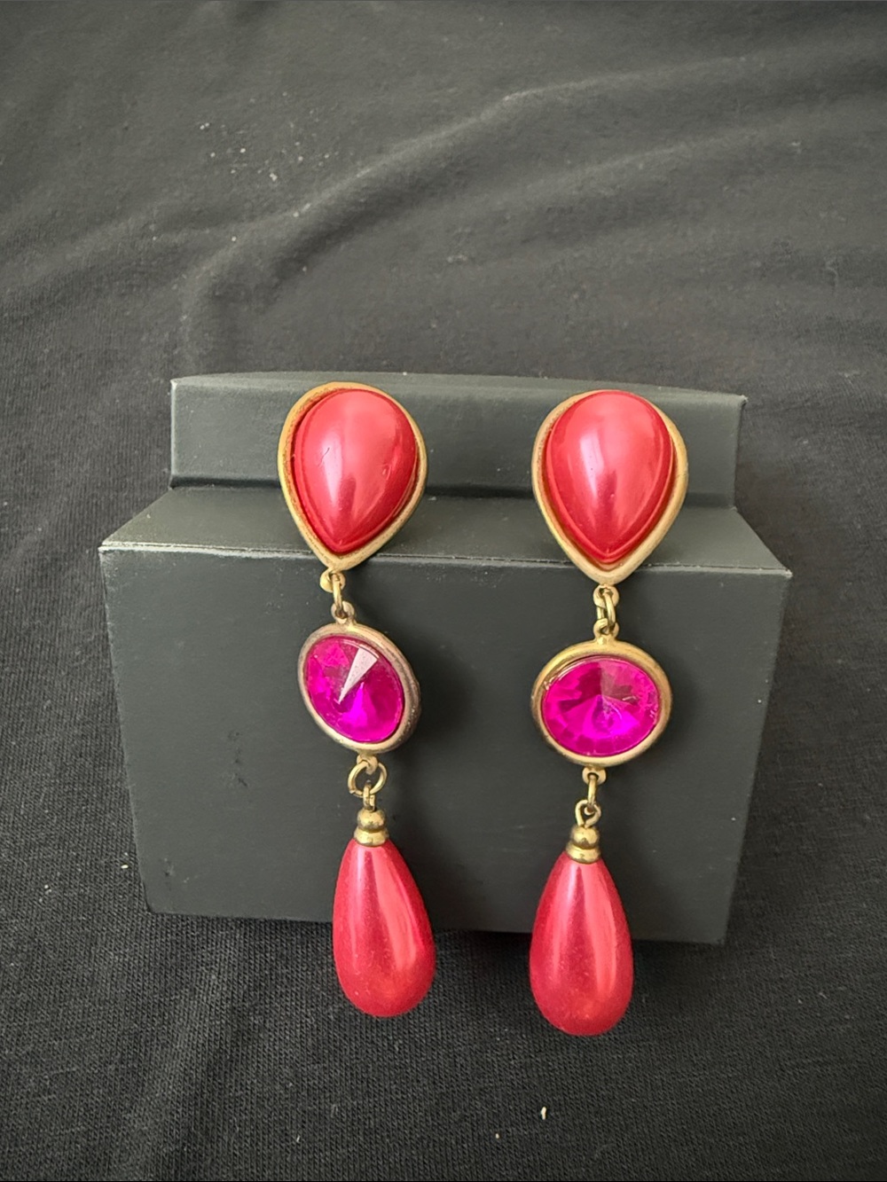 Red Teardrop & Fuchsia Crystal Drop Earrings - Women Jewelry